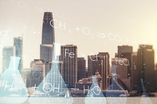 Abstract virtual chemistry illustration on San Francisco cityscape background, science and research concept. Multiexposure - Powered by Adobe