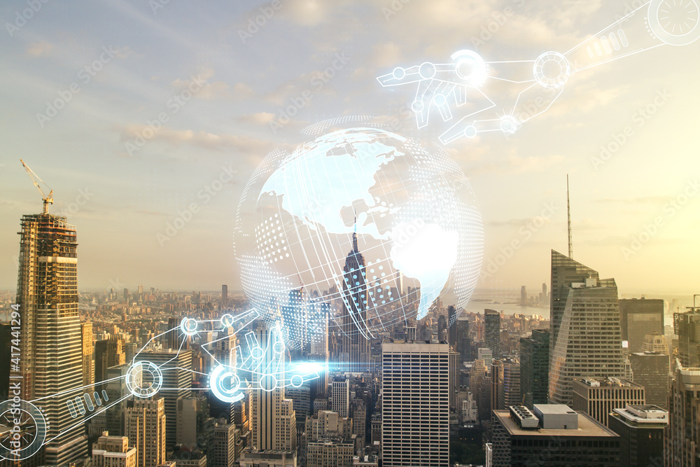 Aufkleber abstract virtual robotics technology hologram with globe sketch on new york city skyline background.