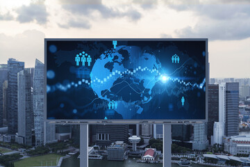 World planet Earth map hologram of social media icons over sunset panoramic cityscape of Singapore, Southeast Asia. The concept of people connections.
