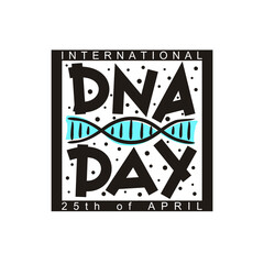 International DNA day logo. 25th of April. Hand drawn emblem isolated on white background. Vector illustration