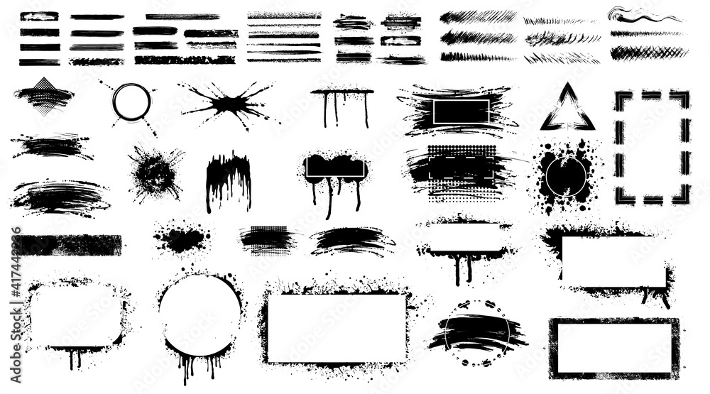 Aufkleber Grunge stencil frames. Set of hand drawn spray paint frames and text banners. Brush splash abstract rectangular stencil border. Isolated vector icons set