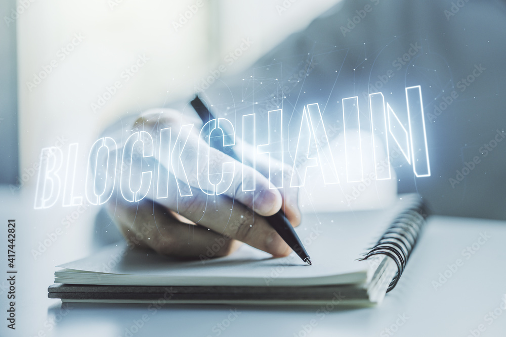 Poster creative abstract blockchain technology hologram and man hand writing in diary on background, crypto