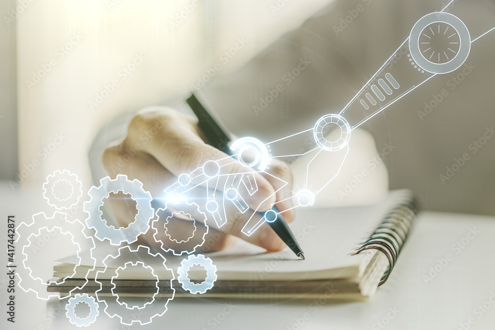 Poster creative abstract robotics technology hologram and man hand writing in diary on background, artifici