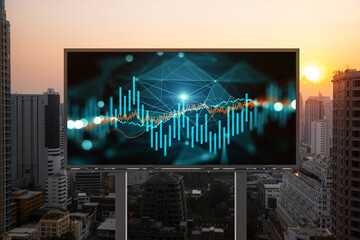 Glowing FOREX graph hologram on billboard, aerial panoramic cityscape of Bangkok at sunset. Stock...