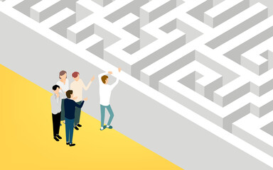 壁を越えて迷路に入ろうとする人のイラスト、アイソメトリック