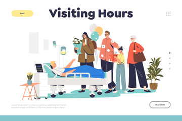 Visiting hours in hospital for family attending sick patient lying in hospital bed in ward