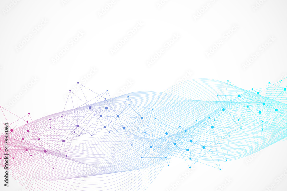 Poster geometric abstract background with connected line and dots. structure molecule and communication. bi