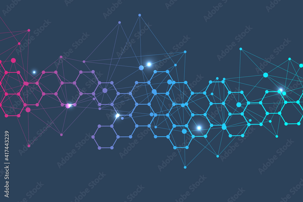 Poster science network pattern, connecting lines and dots. technology hexagons structure or molecular conne