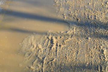 Wet snow with boot tracks and other traces