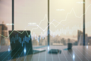 Multi exposure of abstract financial graph and modern desktop with pc on background, financial and trading concept