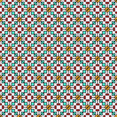 Seamless abstract pattern of curly geometric elements. An ornament of many small multi-colored squares and rhombuses, bright cells with a black outline on a pale pink background.