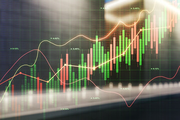 Multi exposure of virtual abstract financial graph interface on blurry contemporary office building background, financial and trading concept
