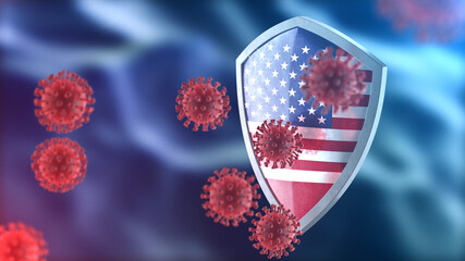 United States protects from corona virus steel shield concept. Coronavirus Sars-Cov-2 safety barrier, defend against cells, source of covid-19 disease.