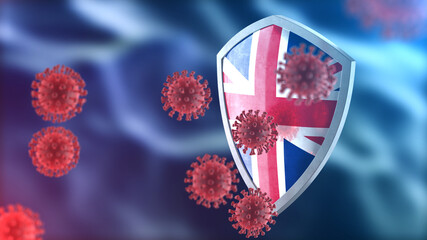 United Kingdom protects from corona virus steel shield concept. Coronavirus Sars-Cov-2 safety barrier, defend against cells, source of covid-19 disease.