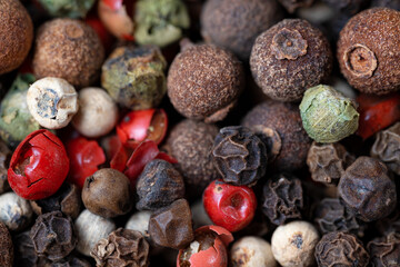 Mixted multi coloured peppercorns close-up. White, black, red, and green peppercorns. Macro photo.