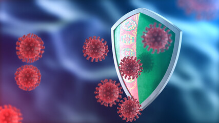 Turkmenistan protects from corona virus steel shield concept. Coronavirus Sars-Cov-2 safety barrier, defend against cells, source of covid-19 disease.