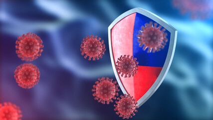 Fototapeta premium Taiwan protects from corona virus steel shield concept. Coronavirus Sars-Cov-2 safety barrier, defend against cells, source of covid-19 disease.