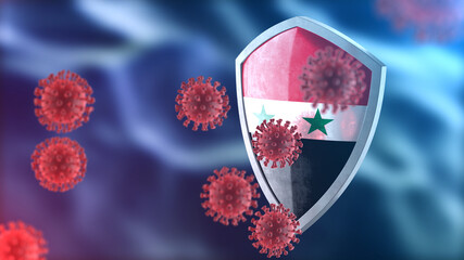 Syria protects from corona virus steel shield concept. Coronavirus Sars-Cov-2 safety barrier, defend against cells, source of covid-19 disease.