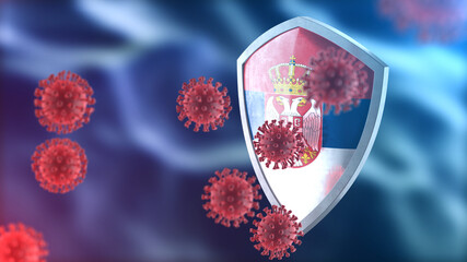 Serbia protects from corona virus steel shield concept. Coronavirus Sars-Cov-2 safety barrier, defend against cells, source of covid-19 disease.