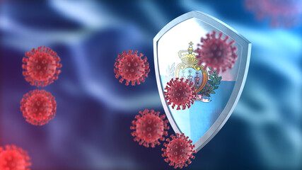 San Marino protects from corona virus steel shield concept. Coronavirus Sars-Cov-2 safety barrier, defend against cells, source of covid-19 disease.