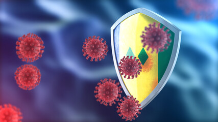 Saint Vincent and the Grenadines protects from corona virus steel shield concept. Coronavirus Sars-Cov-2 safety barrier, defend against cells, source of covid-19 disease.