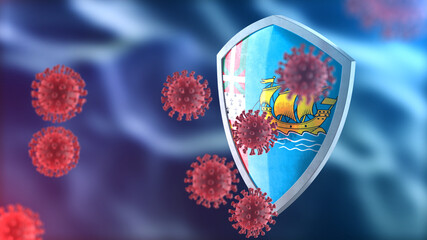 Saint Pierre and Miquelon protects from corona virus steel shield concept. Coronavirus Sars-Cov-2 safety barrier, defend against cells, source of covid-19 disease.