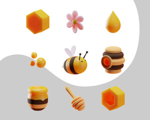 A set of elements on the theme of bees and honey. Cartoon 3d style. Isolated objects. Vector