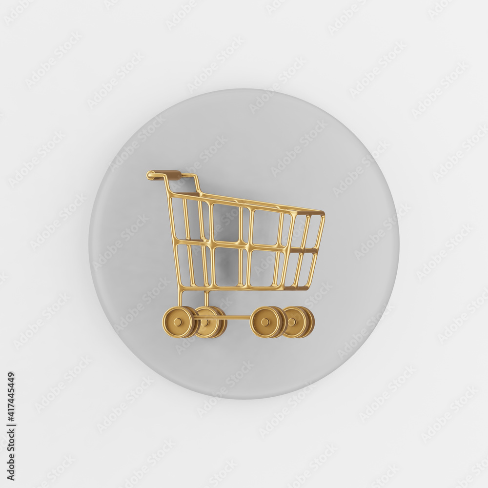 Poster golden shopping cart on wheels icon. 3d rendering gray round key button, interface ui ux element.