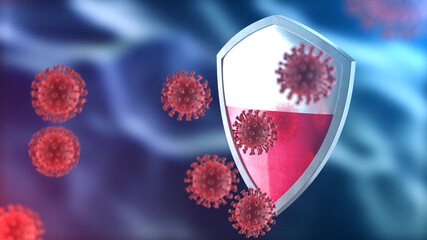 Poland protects from corona virus steel shield concept. Coronavirus Sars-Cov-2 safety barrier, defend against cells, source of covid-19 disease.