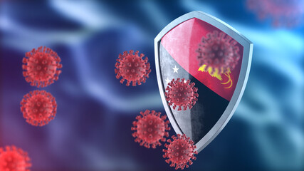 Papua New Guinea protects from corona virus steel shield concept. Coronavirus Sars-Cov-2 safety barrier, defend against cells, source of covid-19 disease.