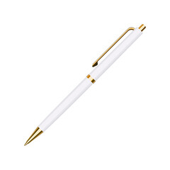 Automatic spring ballpoint pen in white and gold case. Vector illustration