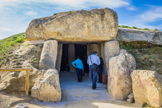The entrance of the Bronze Age dolmens of the archeological site of Antequera, listed as a Unesco world heritage site