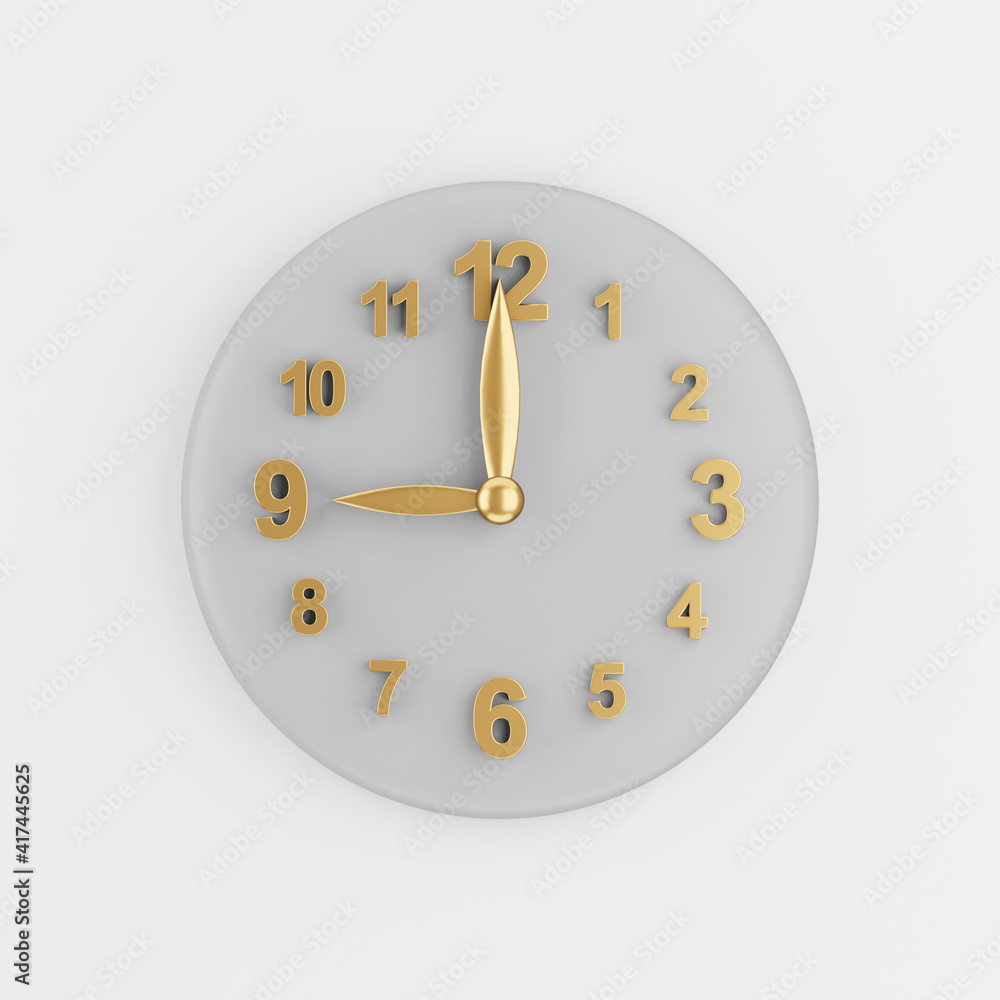 Poster gold modern wall clock icon. 3d rendering gray round key button, interface ui ux element.