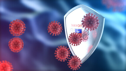 Mayotte protects from corona virus steel shield concept. Coronavirus Sars-Cov-2 safety barrier, defend against cells, source of covid-19 disease.