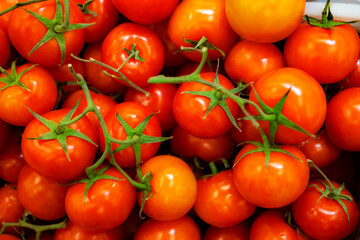 tomatoes in the grocery store, with a shallow depth of field, top view, close up