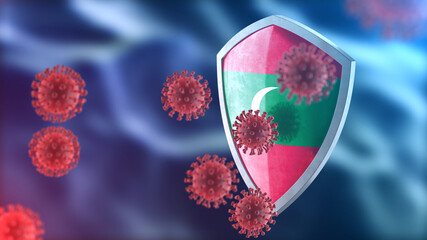 Maldives protects from corona virus steel shield concept. Coronavirus Sars-Cov-2 safety barrier, defend against cells, source of covid-19 disease.