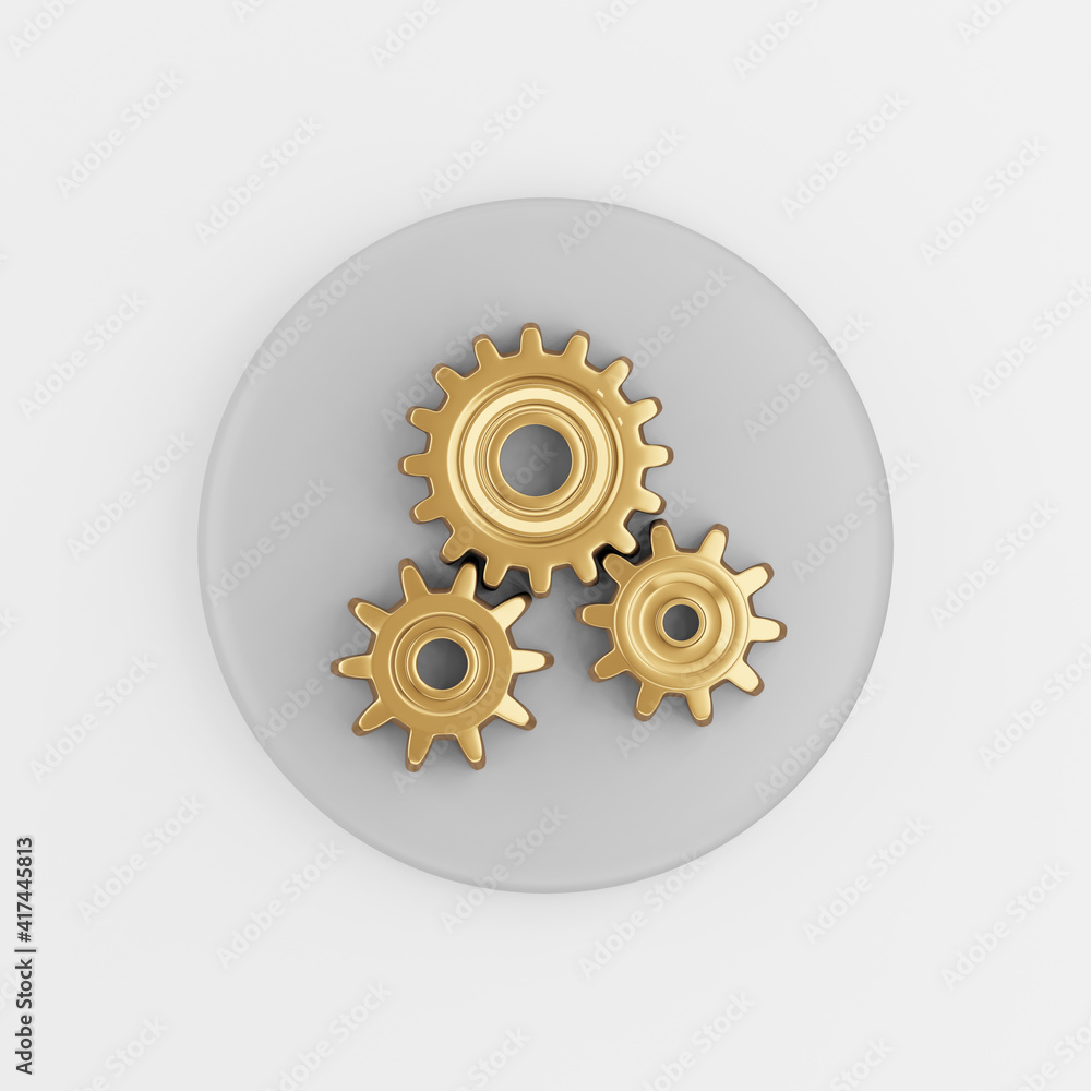 Poster golden gears icon. 3d rendering gray round key button, interface ui ux element.