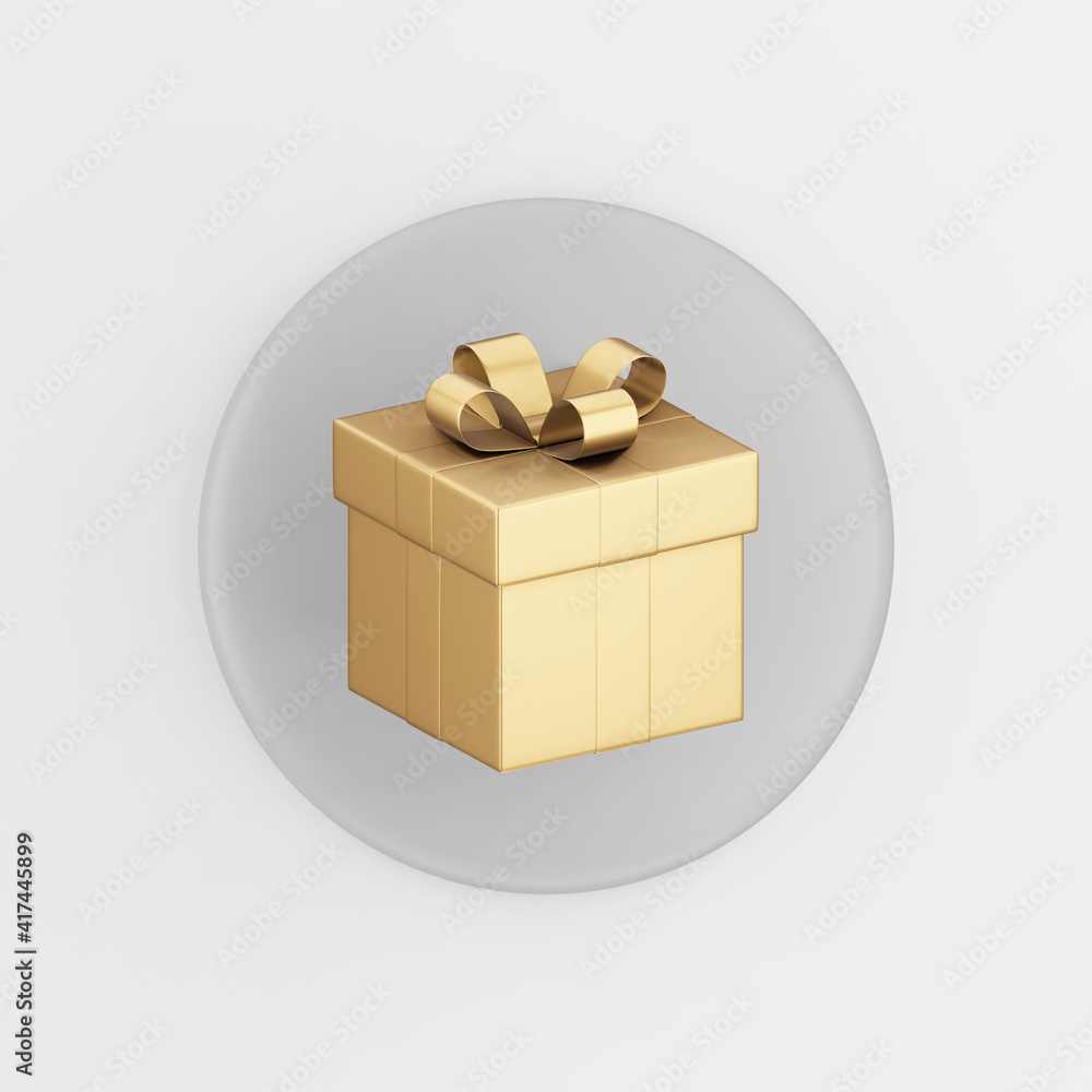 Poster gold gift icon with bow. 3d rendering gray round key button, interface ui ux element.