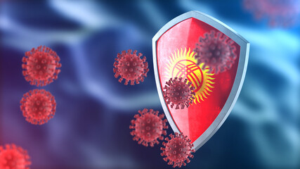 Kyrgyzstan protects from corona virus steel shield concept. Coronavirus Sars-Cov-2 safety barrier, defend against cells, source of covid-19 disease.