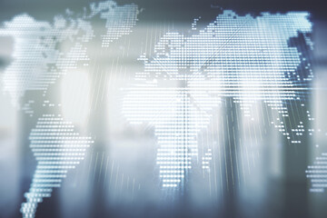 Obraz premium Double exposure of abstract digital world map on empty modern office background, research and strategy concept