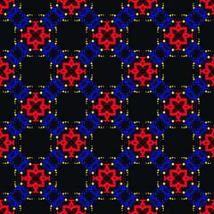 Classic Pattern Ornament, Colored Seamless Geometric Pattern on black background for Design Wallpaper, Fashion Print, Trendy Decor, Home Textile, Retro Decor. Vector.
	