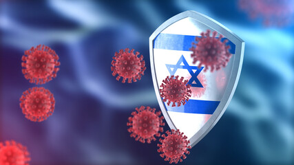 Israel protects from corona virus steel shield concept. Coronavirus Sars-Cov-2 safety barrier, defend against cells, source of covid-19 disease.