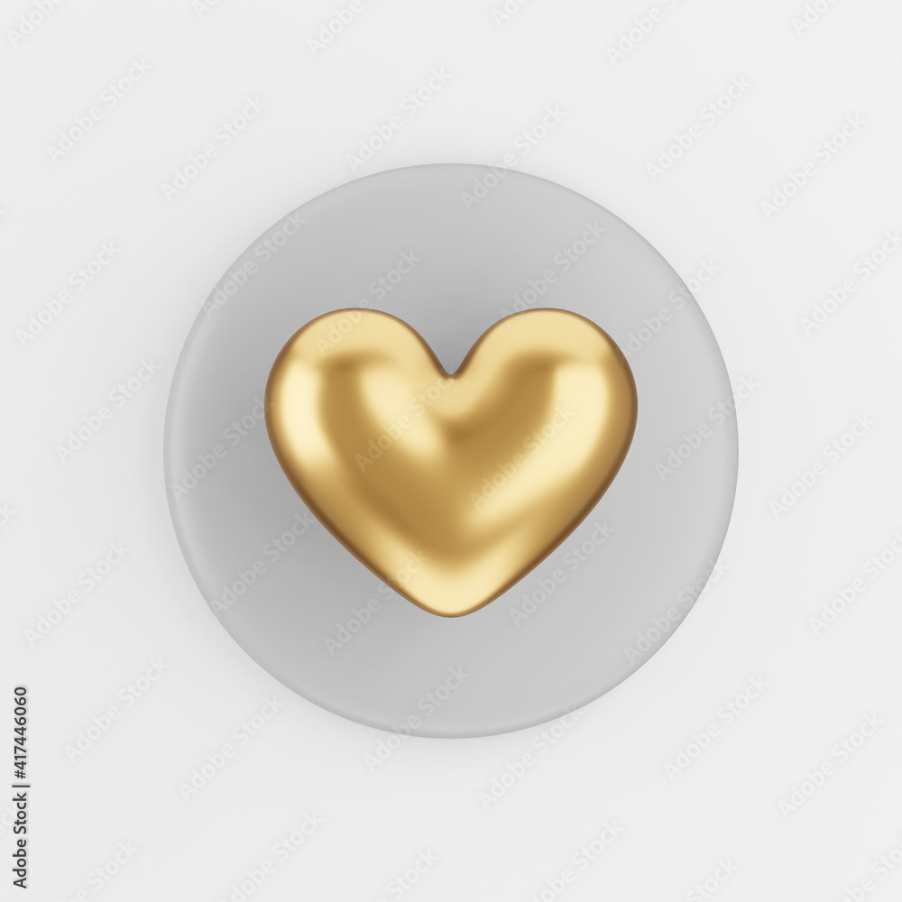 Poster golden realistic heart icon. 3d rendering gray round key button, interface ui ux element.