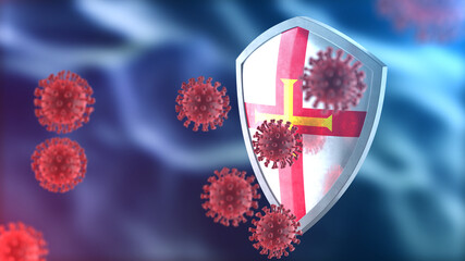 Guernsey protects from corona virus steel shield concept. Coronavirus Sars-Cov-2 safety barrier, defend against cells, source of covid-19 disease.