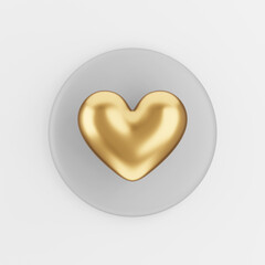 Golden realistic heart icon. 3d rendering gray round key button, interface ui ux element.