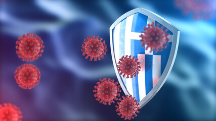 Greece protects from corona virus steel shield concept. Coronavirus Sars-Cov-2 safety barrier, defend against cells, source of covid-19 disease.