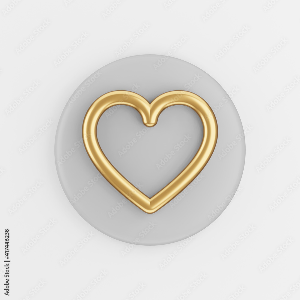 Poster gold heart contour line icon. 3d rendering gray round key button, interface ui ux element.