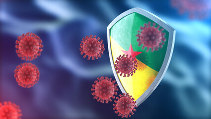 French Guiana protects from corona virus steel shield concept. Coronavirus Sars-Cov-2 safety barrier, defend against cells, source of covid-19 disease.