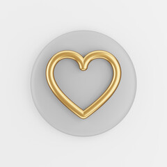 Gold heart contour line icon. 3d rendering gray round key button, interface ui ux element.