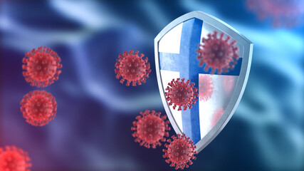 Finland protects from corona virus steel shield concept. Coronavirus Sars-Cov-2 safety barrier, defend against cells, source of covid-19 disease.